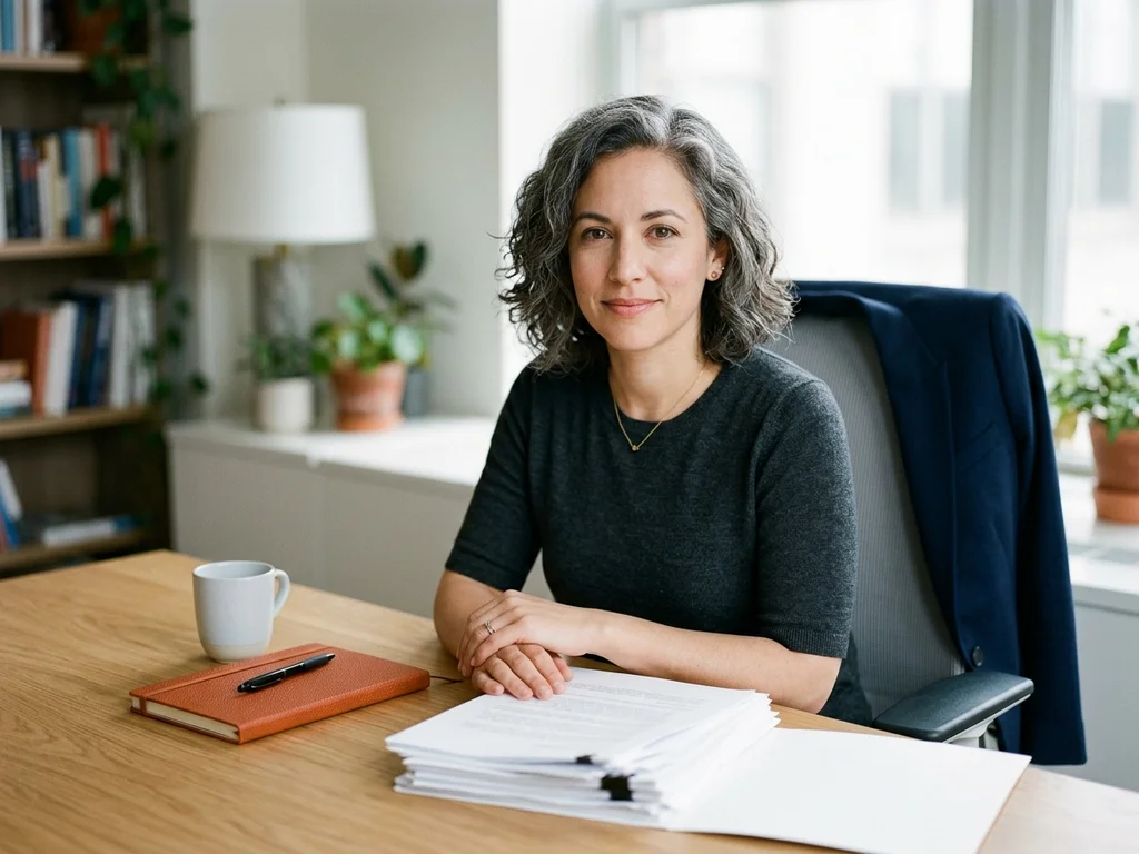 Retrato de Mila Monnier, especialista en emprendimiento, sentada en un despacho con luz natural.